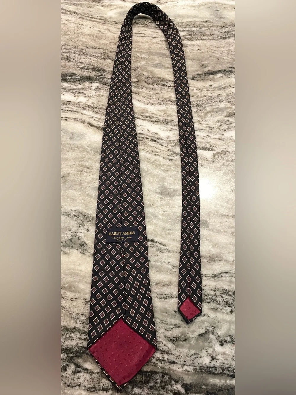 Vintage Hardy Amies Savile Row London Silk Necktie – Navy Geometric Medallion